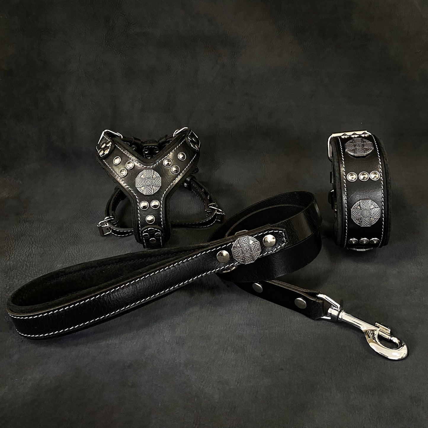 "Maximus Black&Silver" Small dog SET - Harness - collar - lead