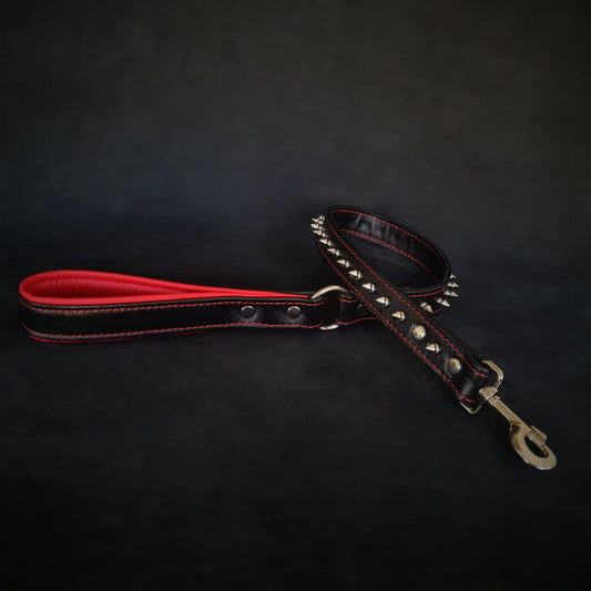 Black soft leather short spiked leash